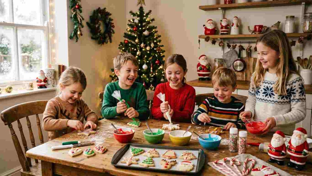  Children decorating Christmas cookies together in a cozy holiday kitchen.