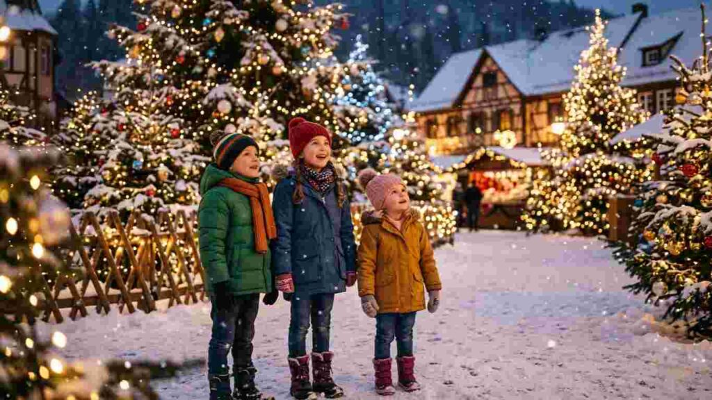 Children enjoying sparkling Christmas lights and falling snow outdoors.