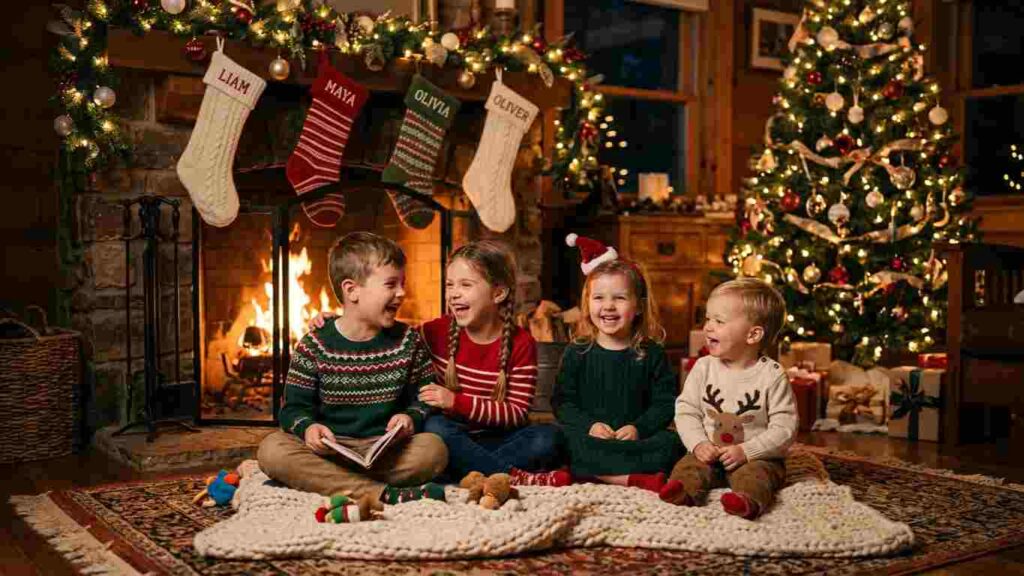 Children laughing together during a cozy family Christmas celebration.
