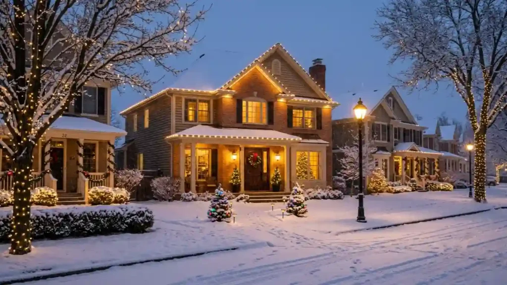  Cozy neighborhood decorated with Christmas lights and festive decorations.