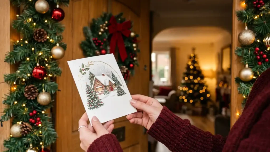 Elegant Christmas card near a warmly decorated home entrance.
