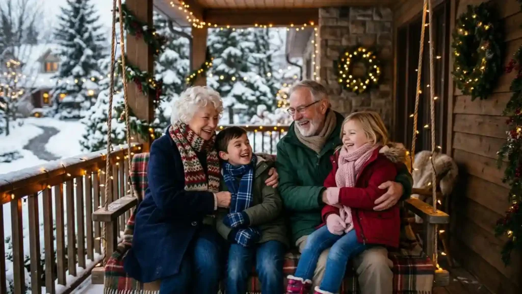 Grandparents sitting with their grandson and granddaughter during the Christmas season.