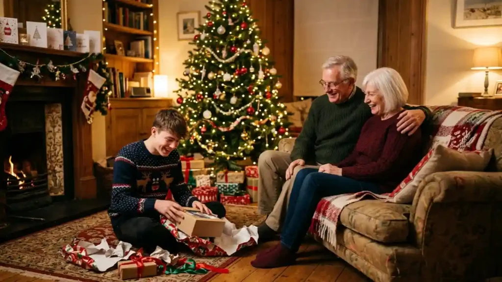Grandparents smiling as their grandson opens a Christmas gift by the tree.