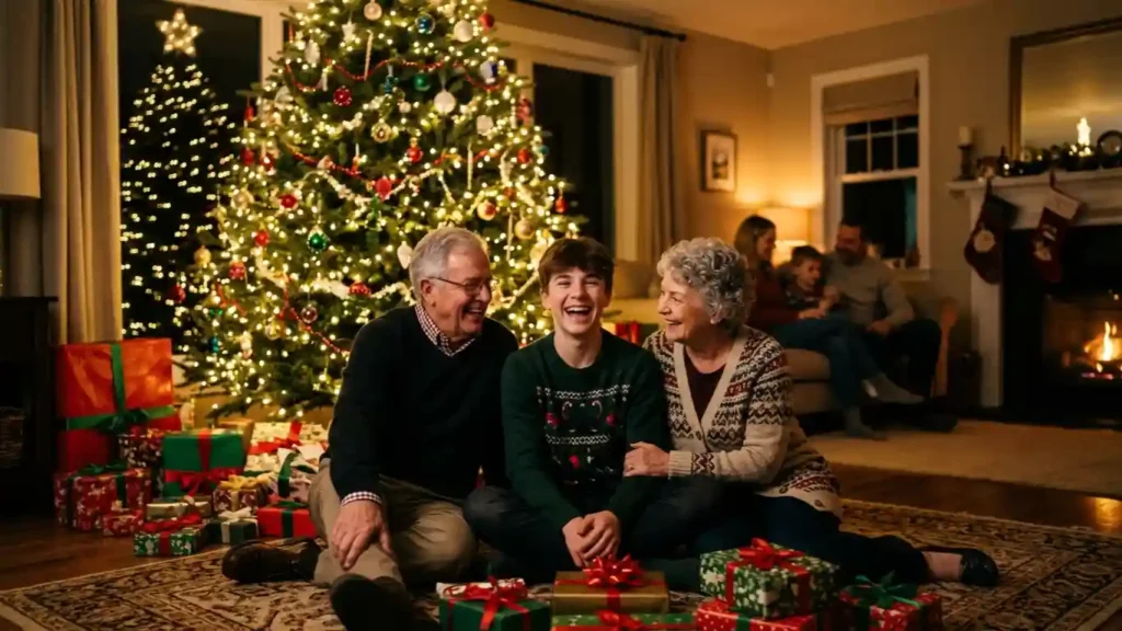 Grandson laughing with grandparents beside a lit Christmas tree at night.