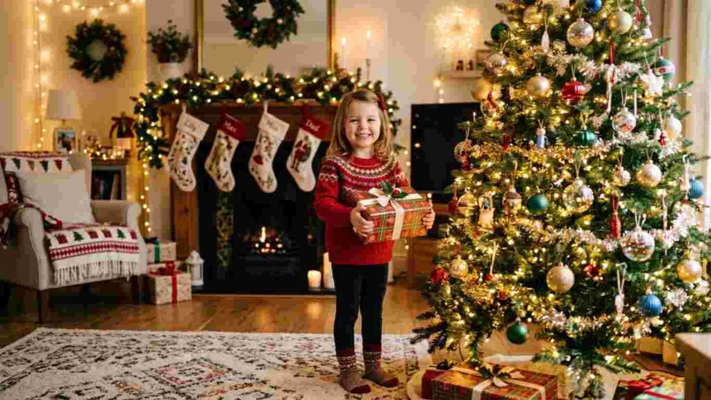 Happy child holding a Christmas present beside a glowing holiday tree.