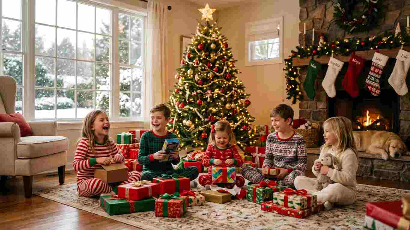 Happy children opening Christmas presents beside a decorated Christmas tree.