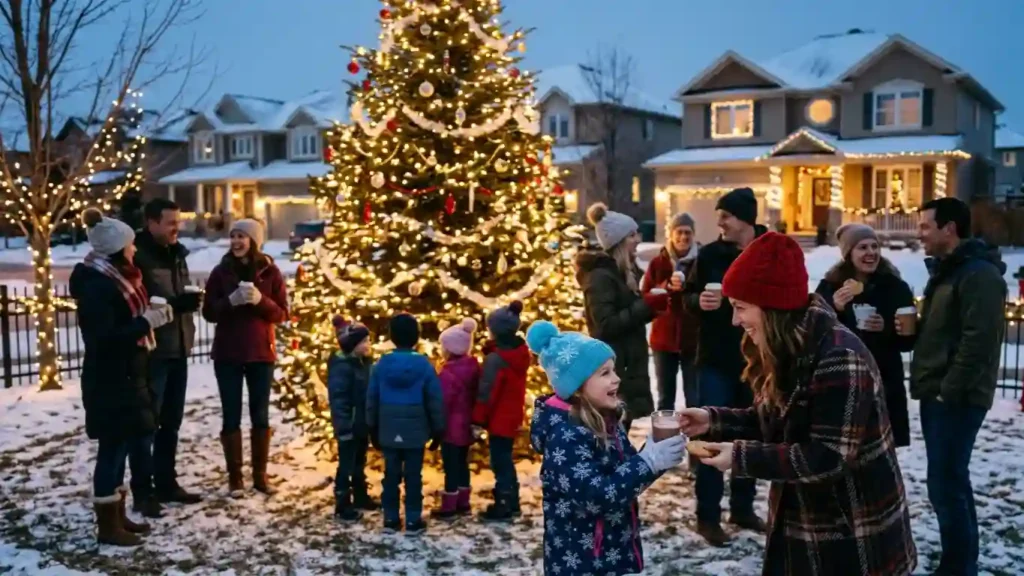Neighbors enjoying a cheerful Christmas community gathering.