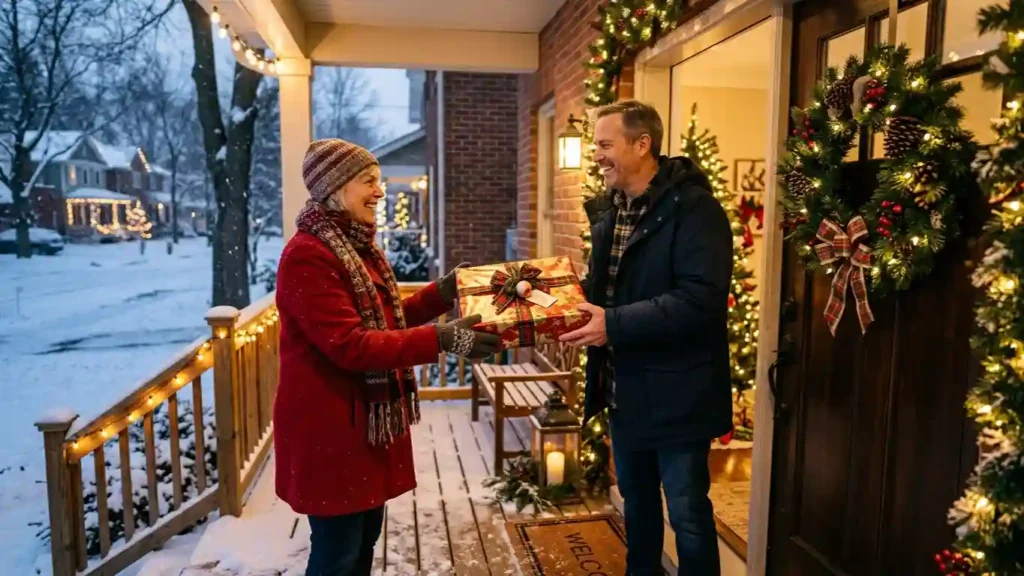  Neighbors exchanging a Christmas gift at a decorated front door.

